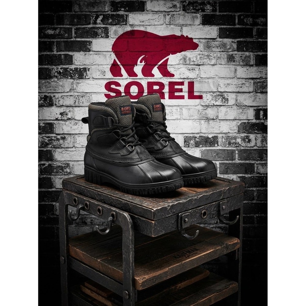 Sorel Kaufman Canada Vintage Winter Boots Black Leather Rubber Duck Boots Mens 8